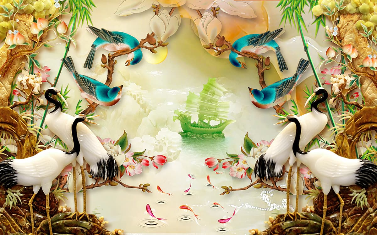 Beautiful Birds and Flowers Artistic Mural Wallpaper pattern detail