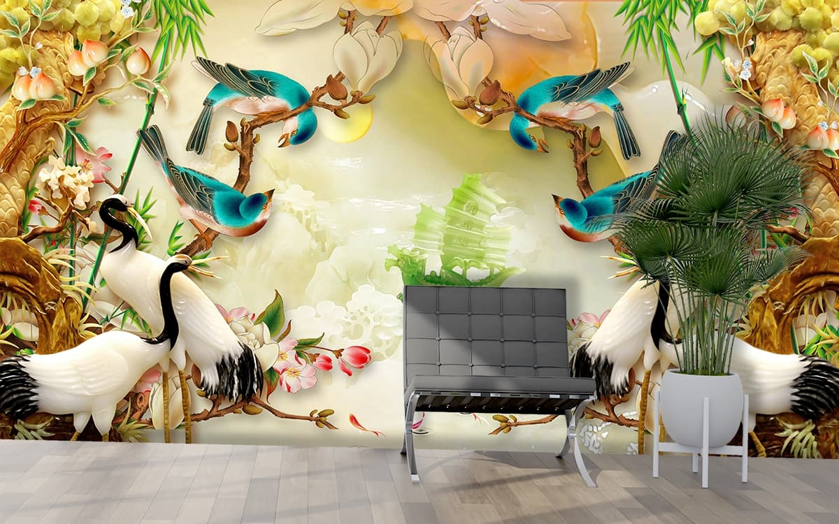 Beautiful Birds and Flowers Artistic Mural Wallpaper shown in a room