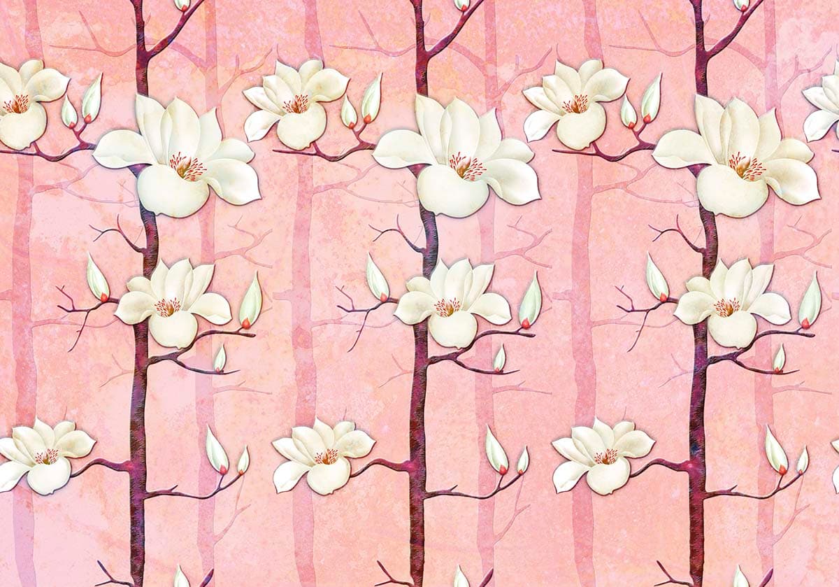 A wallpaper with white flowers and branches pattern detail