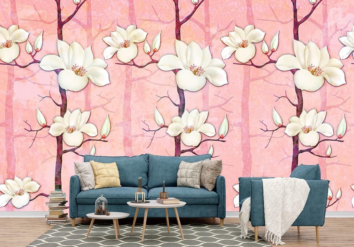 A wallpaper with white flowers and branches shown in a room