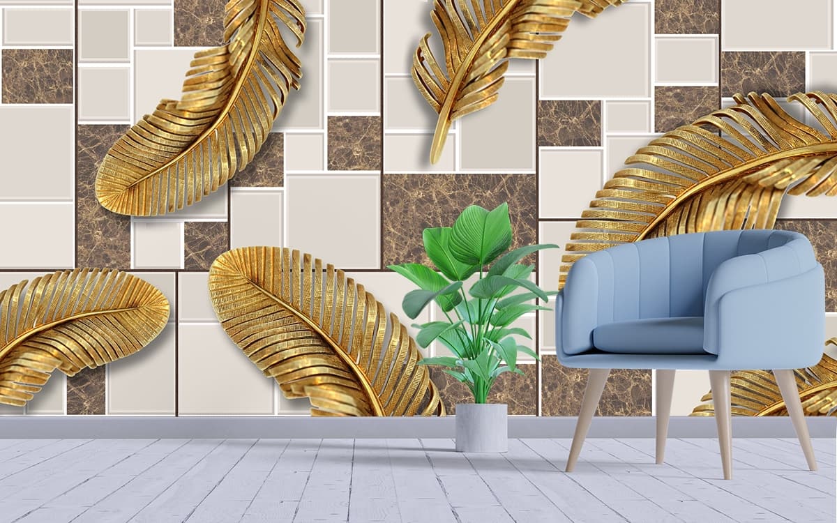 Decorative Gold Feathers Floor Pattern wallpaper shown in a room