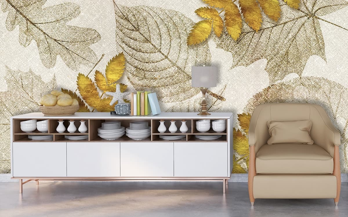 Detailed leaf texture in close view with natural tones wallpaper shown in a room