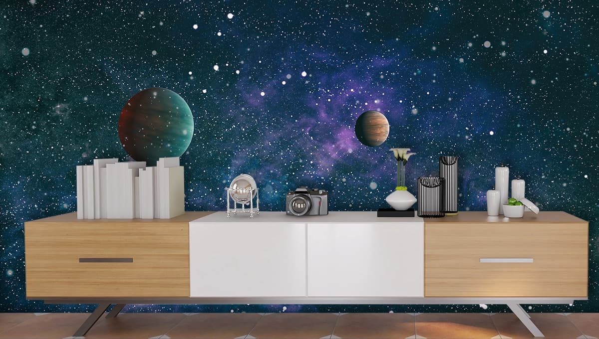 Colorful Planets in Space Galaxy Theme Wall Mural Wallpaper shown in a room