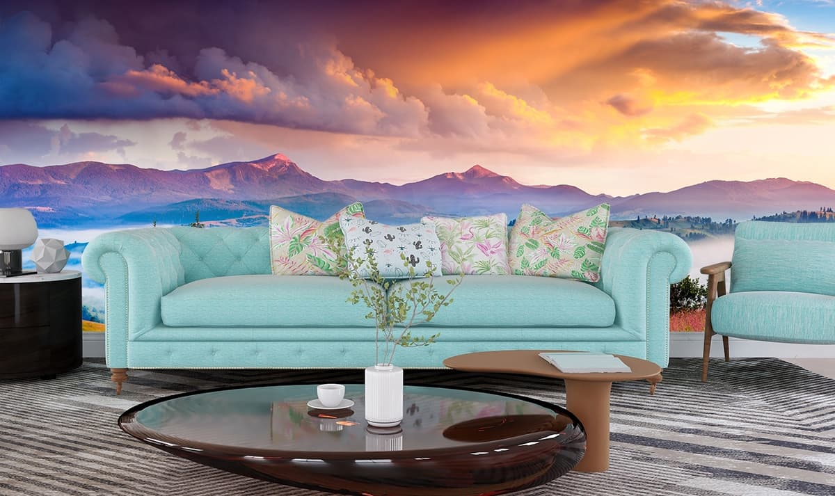Elegant Mountain Landscape with Cloud View Wallpaper shown in a room