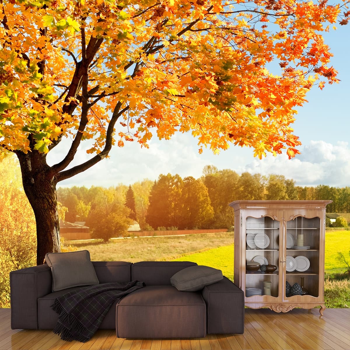 Autumn Tree with Orange Leaves and River View Wallpaper shown in a room