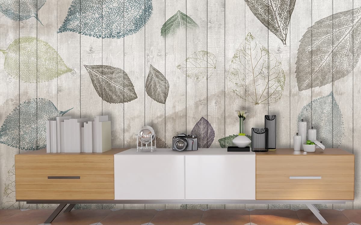 Leaves on Wooden Surface Nature Texture Wallpaper shown in a room