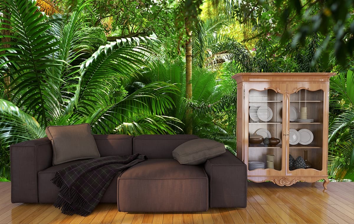 A path through a tropical forest shown in a room