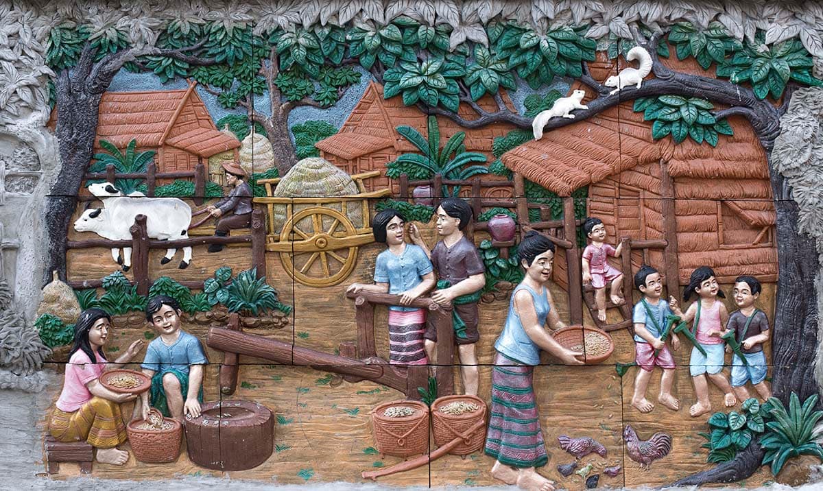 Designer Rural Village Scene Artistic Wall Wallpaper pattern detail