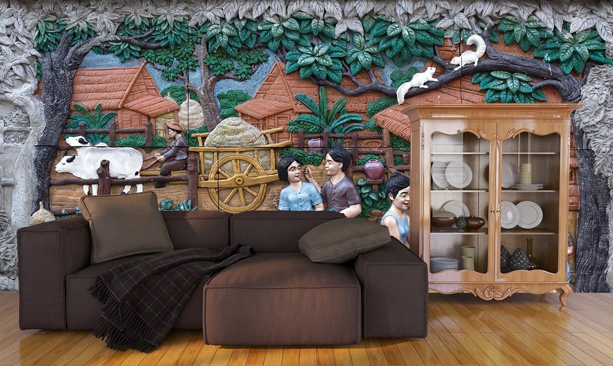 Designer Rural Village Scene Artistic Wall Wallpaper shown in a room