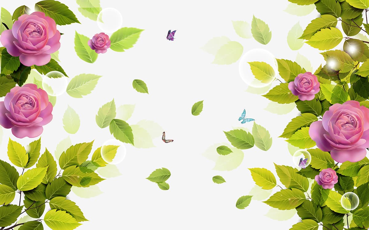 Fresh Green Leaves and Flowers Nature Theme Wallpaper pattern detail