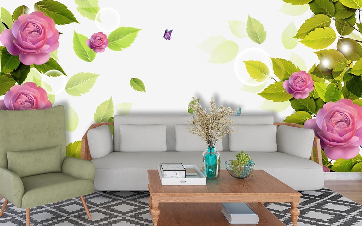 Fresh Green Leaves and Flowers Nature Theme Wallpaper shown in a room