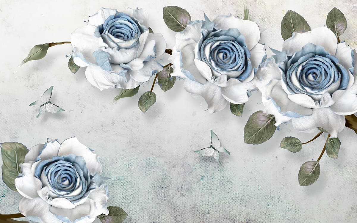 White and Blue Roses with Leaves Wallpaper for Wall pattern detail
