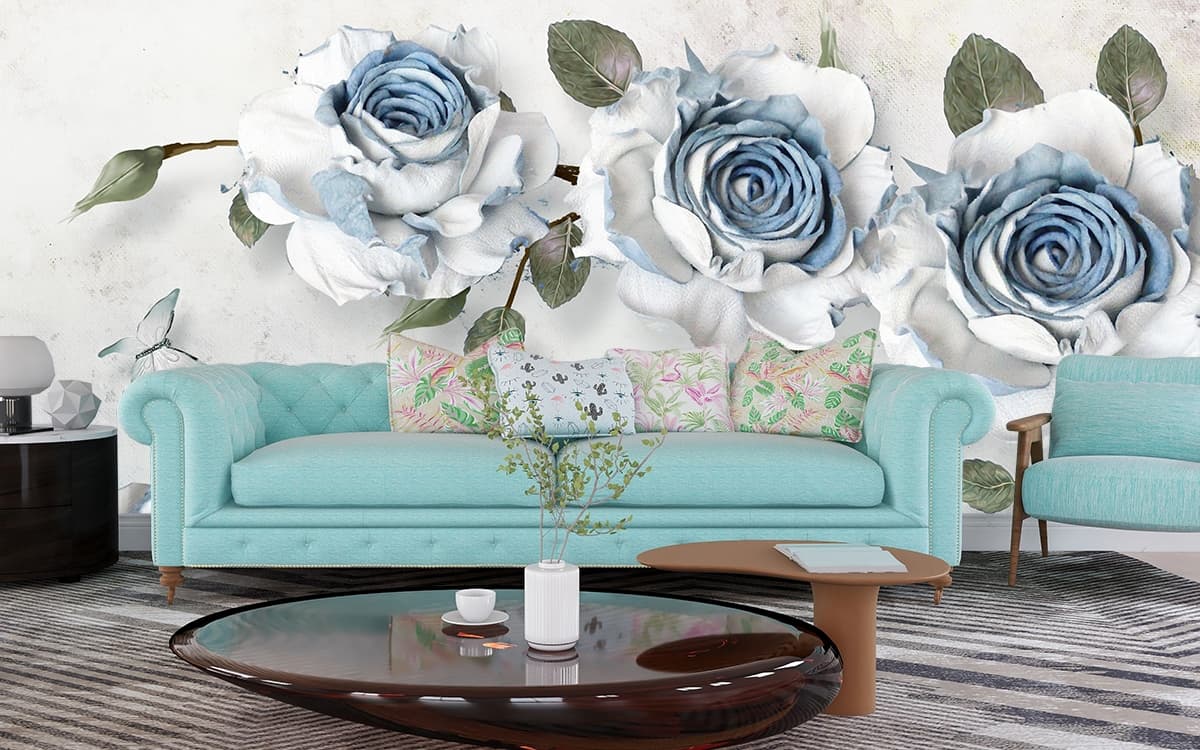 White and Blue Roses with Leaves Wallpaper for Wall shown in a room