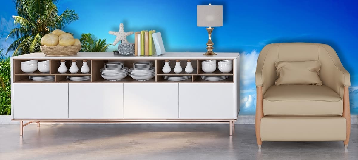 Beach with Palm Trees and Blue Water Tropical Wallpaper shown in a room