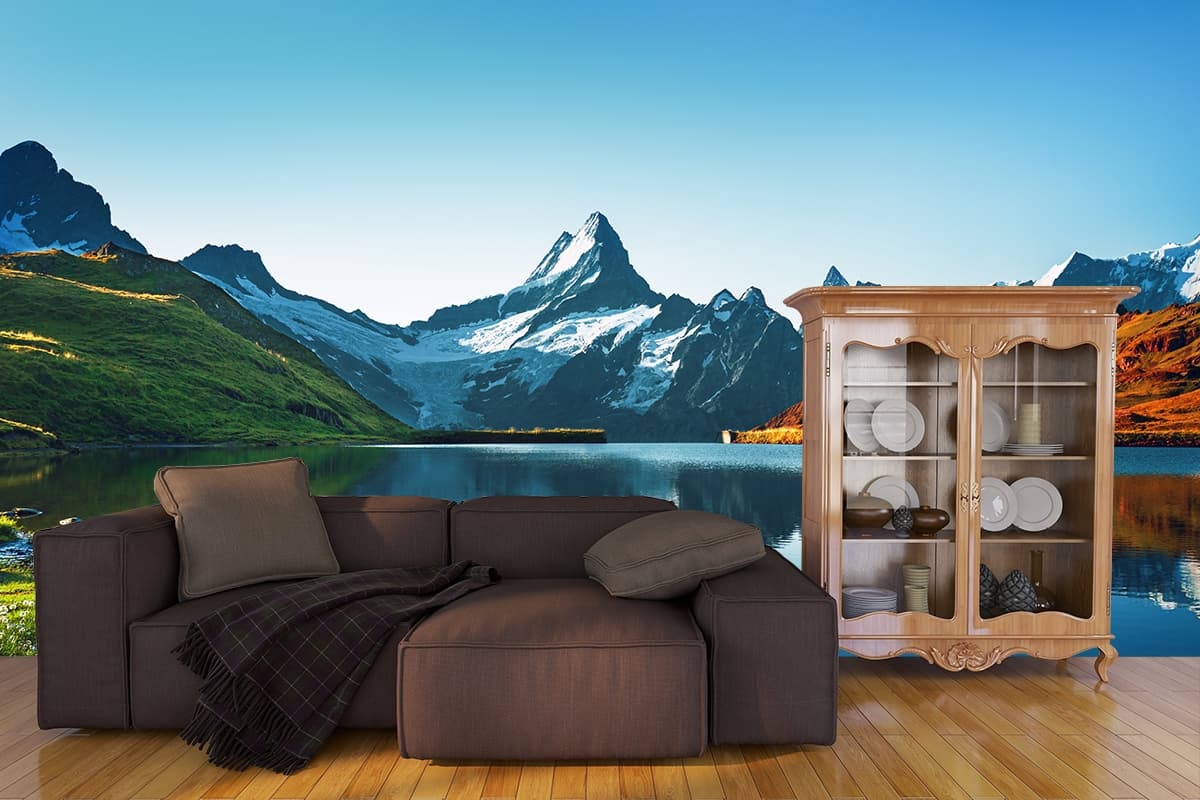Luxury Snow Mountain Lake Wall Mural Scenic Wallpaper shown in a room