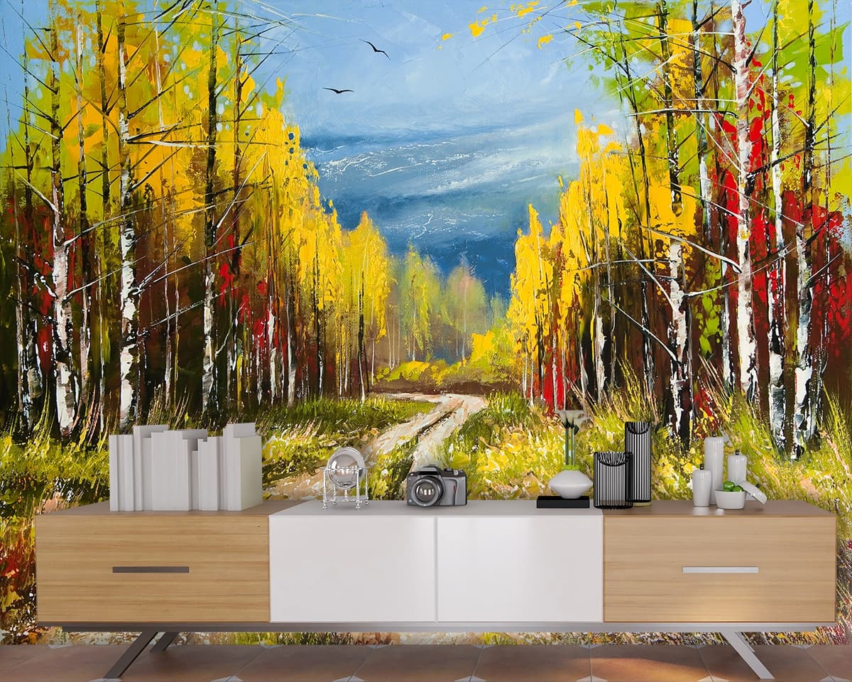 A dirt road through a forest shown in a room