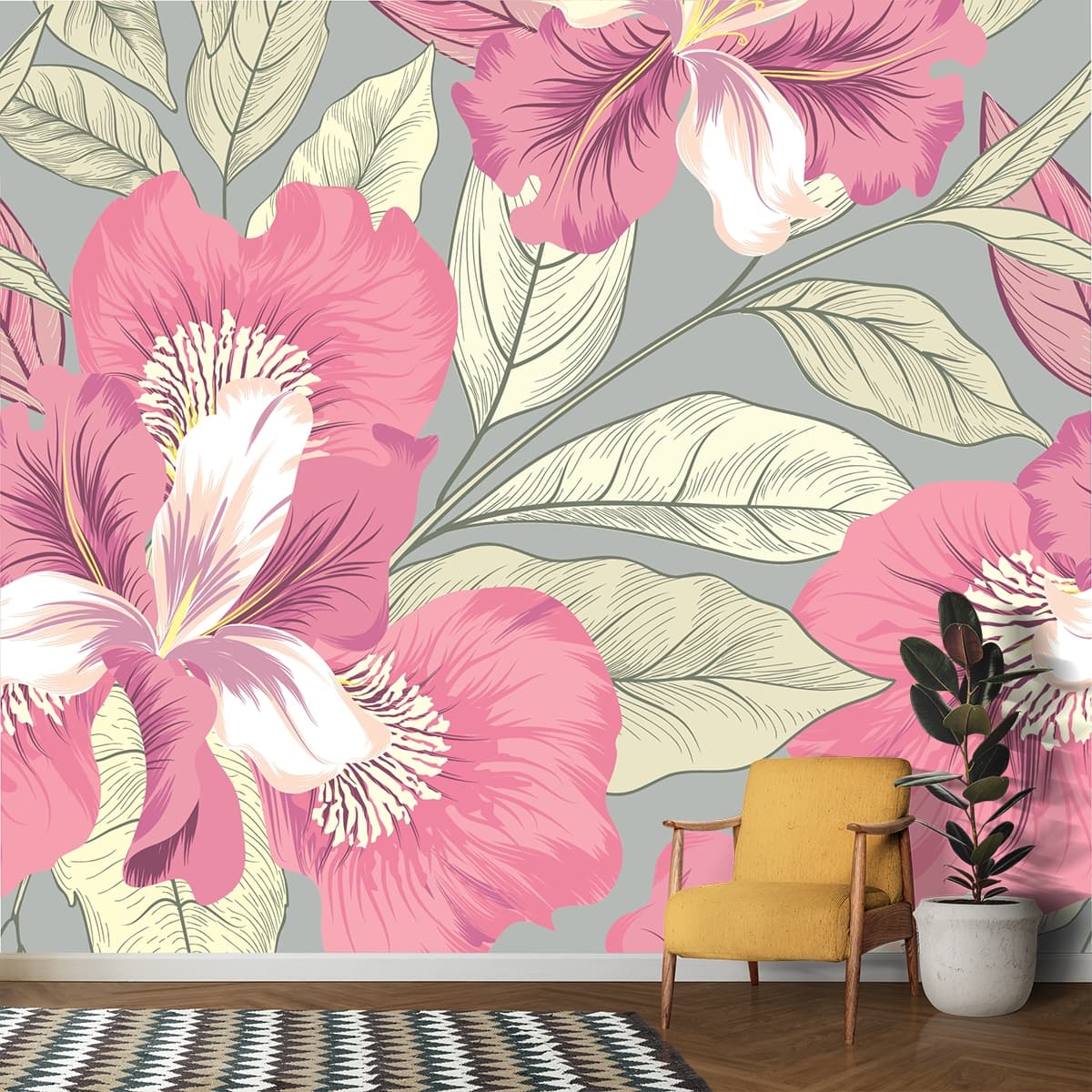 An Artistic Painting like Wallpaper of Flowers shown in a room