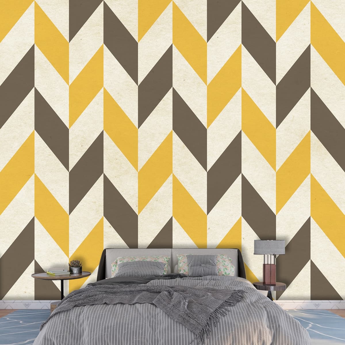 Yellow and Grey Chevron Pattern Modern Wall Mural Wallpaper shown in a room