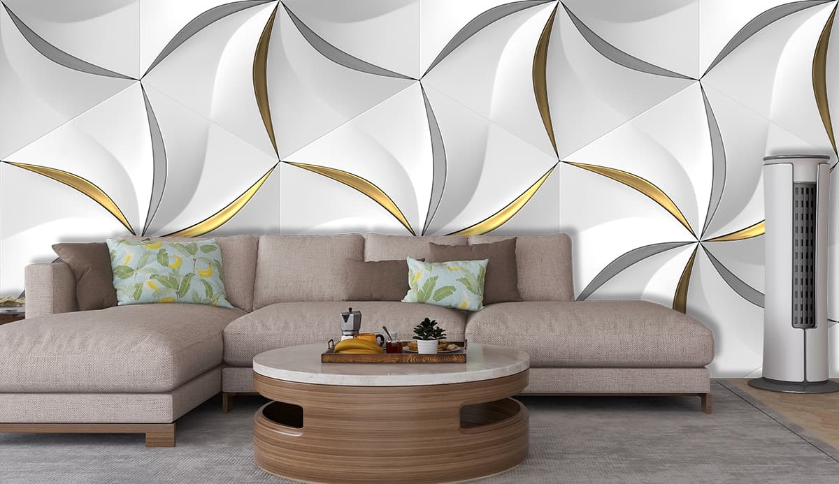 Minimal White and Gold Contemporary Wall Wallpaper shown in a room