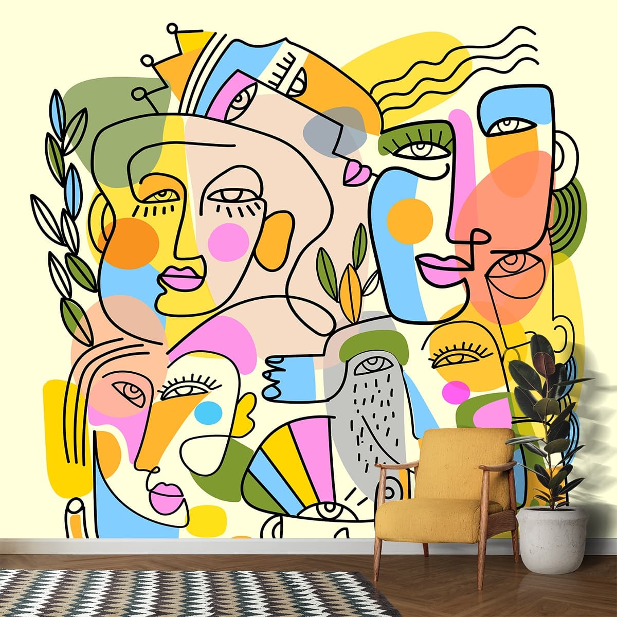 Modern Living Room Abstract Face Wallpaper shown in a room