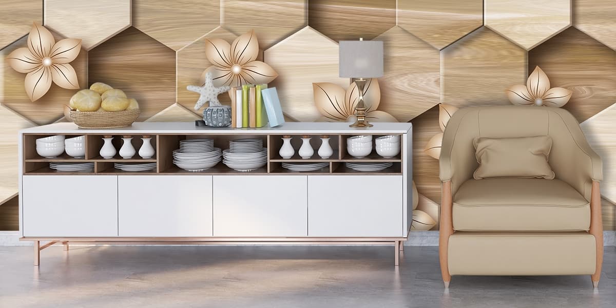 Elegant Flowers with Hexagon Design Wallpaper shown in a room