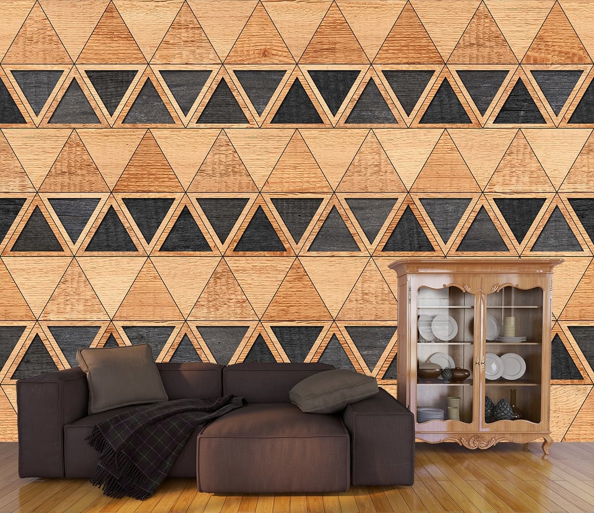 A pattern of triangles on a wood surface shown in a room