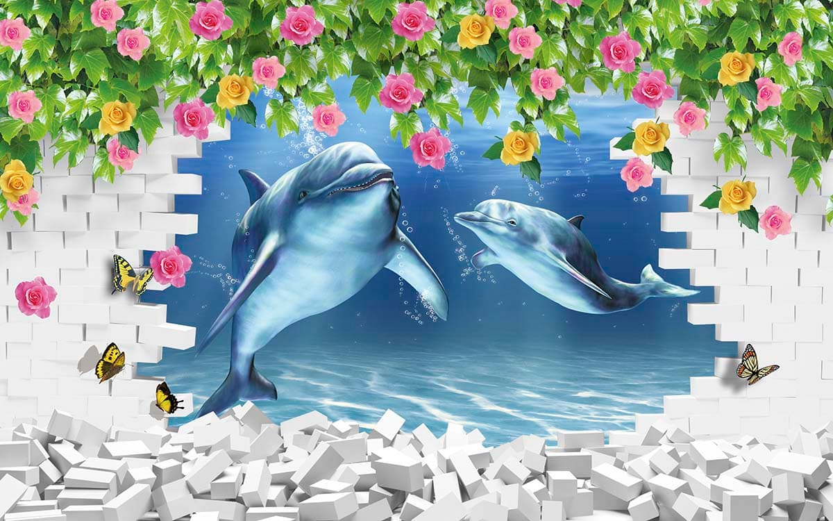 Underwater Dolphins with Floral Brick Theme Wallpaper pattern detail