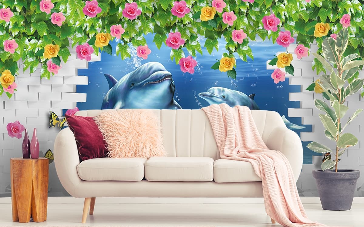 Underwater Dolphins with Floral Brick Theme Wallpaper shown in a room