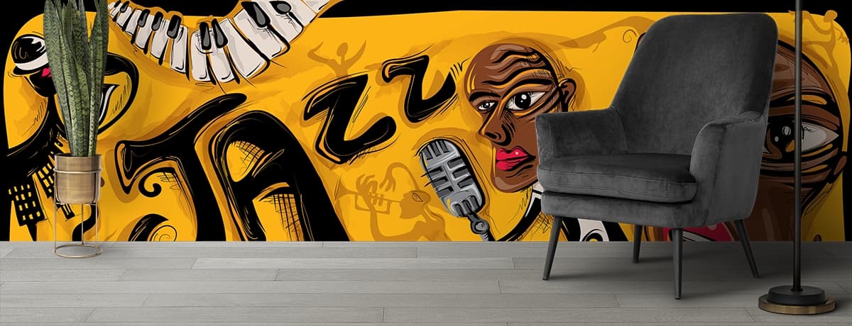 A poster of a man with a microphone shown in a room