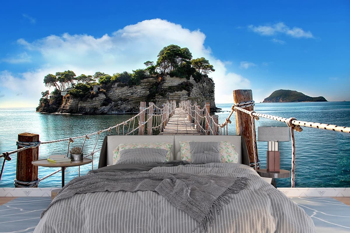 Wooden Bridge Over Water Nature View Wallpaper shown in a room