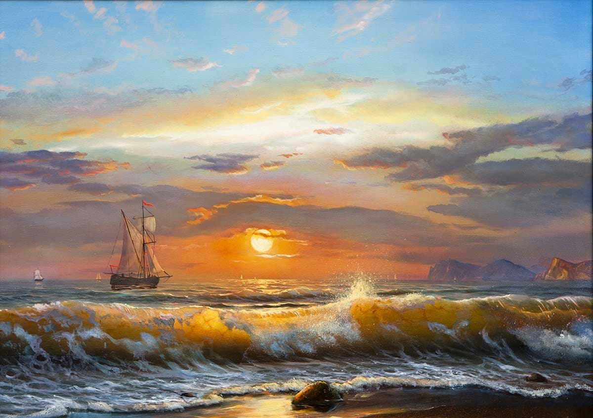 Ocean Sailboat Landscape Painting wallpaper pattern detail