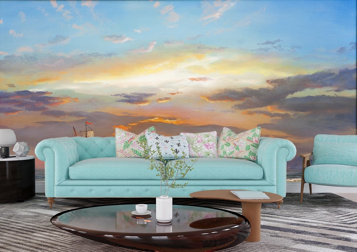 Ocean Sailboat Landscape Painting wallpaper shown in a room