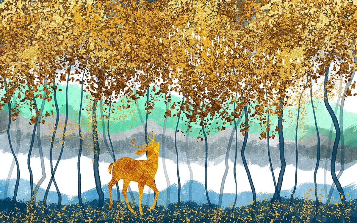 Deer in Forest Painting Wallpaper for Wall pattern detail