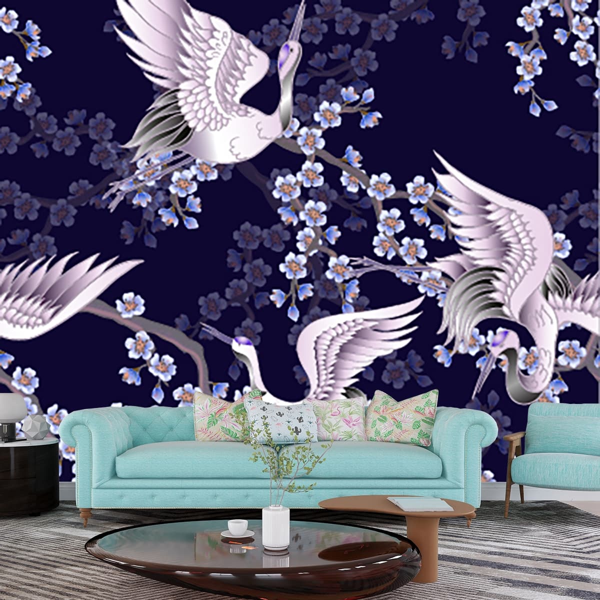 A pattern of birds on a branch shown in a room