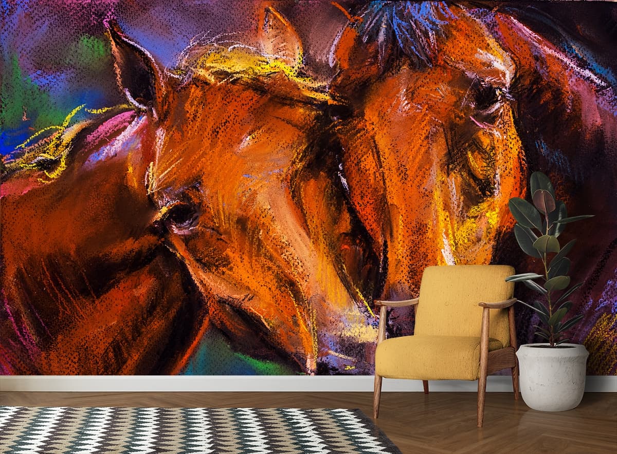 Colorful Horses Artistic Drawing Wallpaper shown in a room