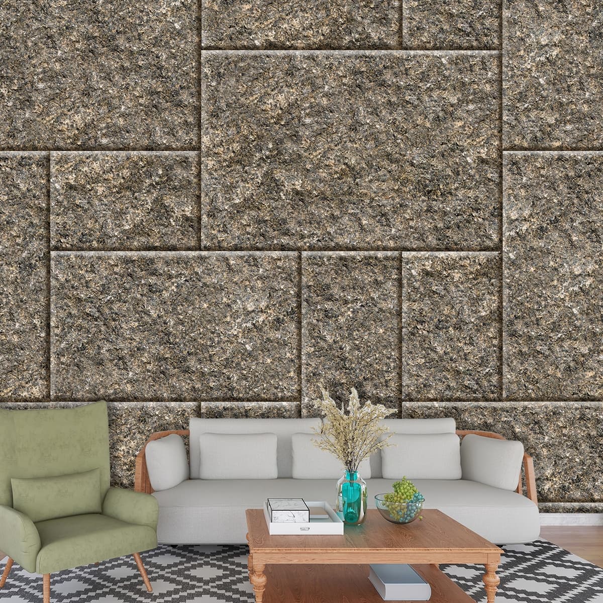 Rectangular Stone Wallpaper shown in a room