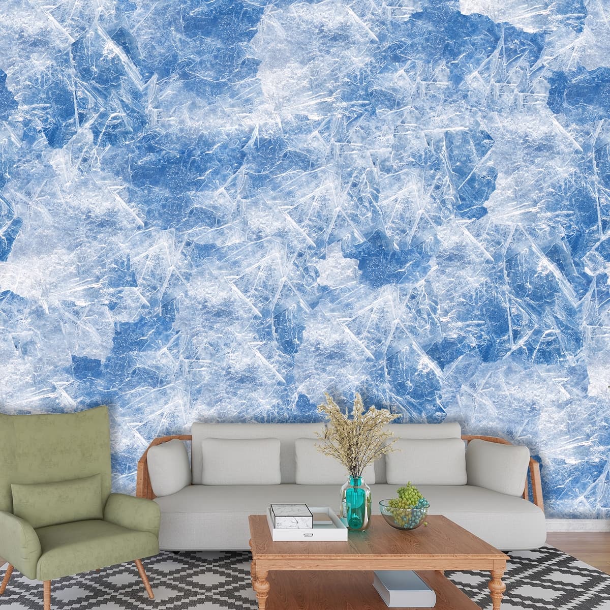 Blue and White Background Modern Wall Mural Wallpaper shown in a room