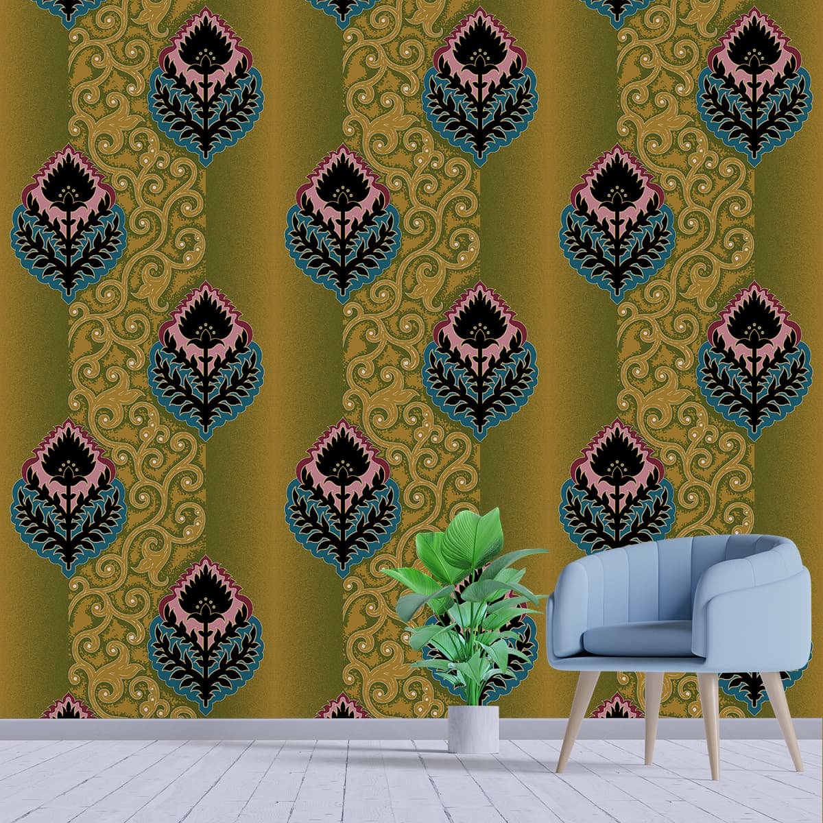 A pattern of leaves and swirls shown in a room