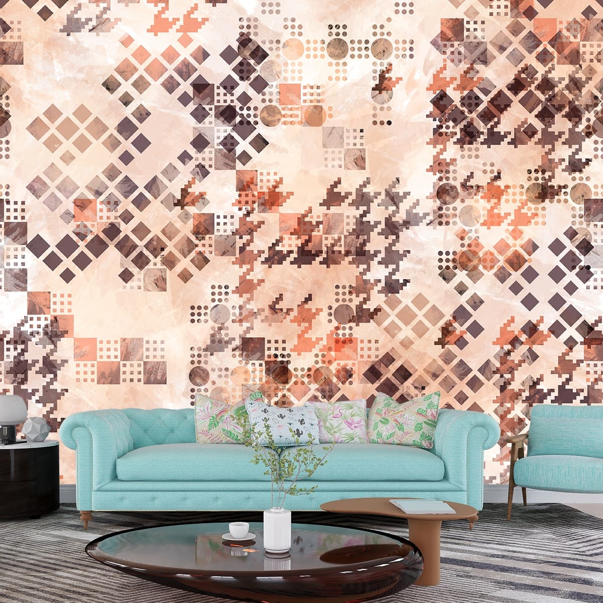 A pattern of squares and dots shown in a room