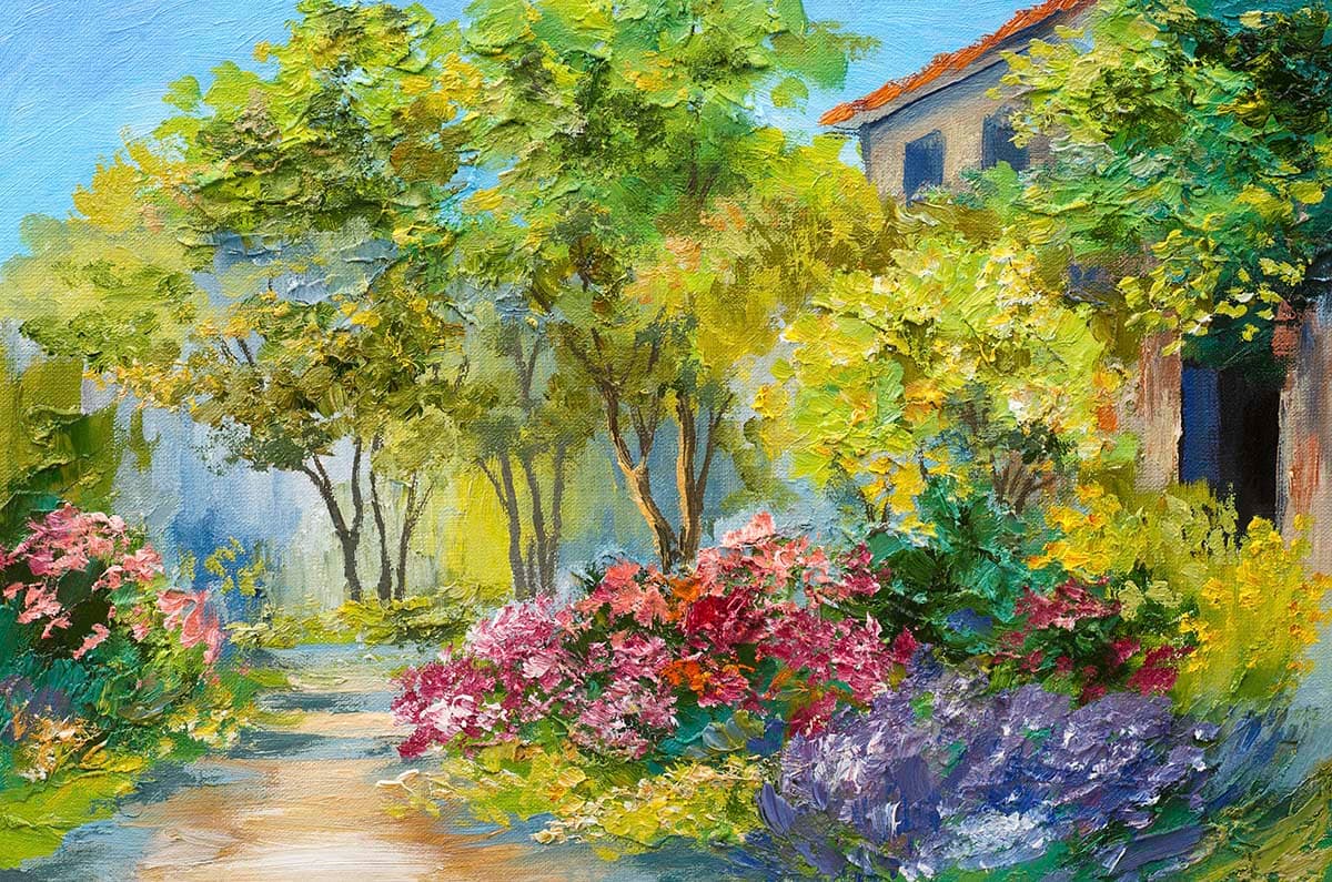 Garden with Flowers and Trees Painting wallpaper pattern detail