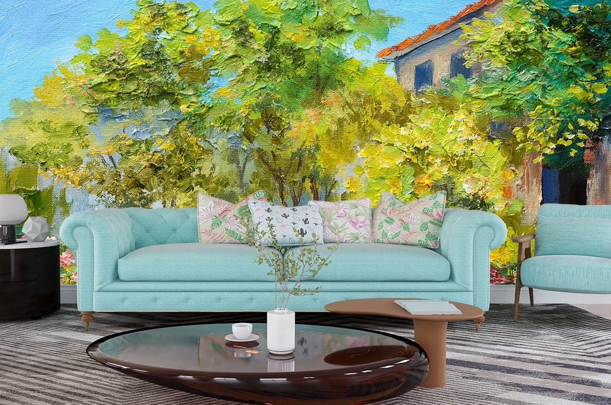 Garden with Flowers and Trees Painting wallpaper shown in a room