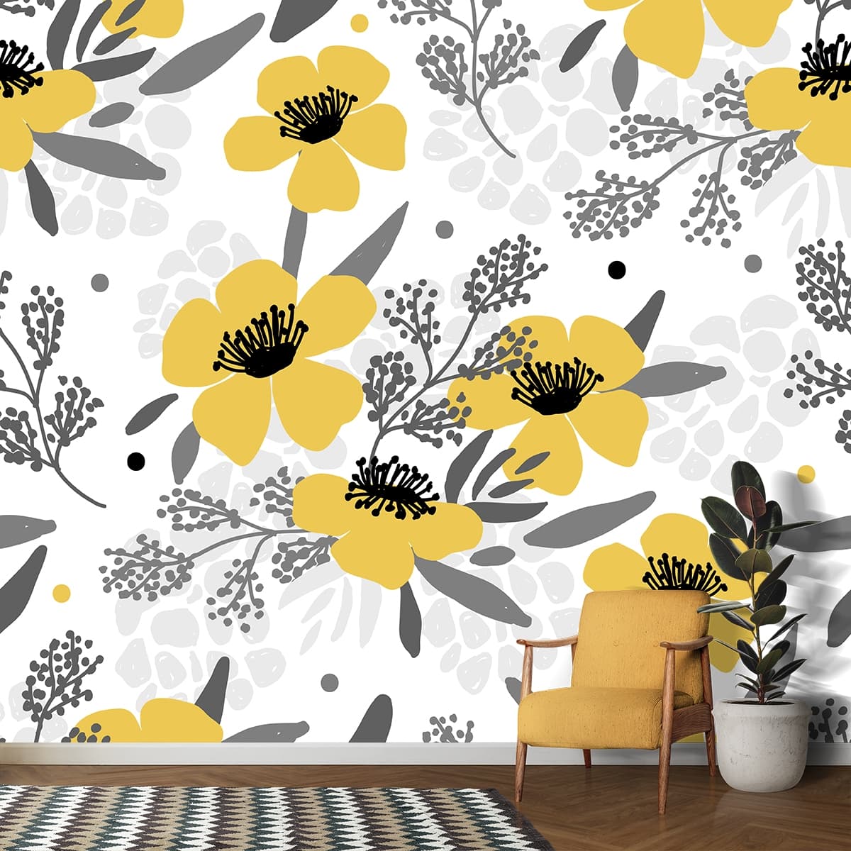 Aesthetic Yellow Flowers with Leaf Pattern Wallpaper shown in a room