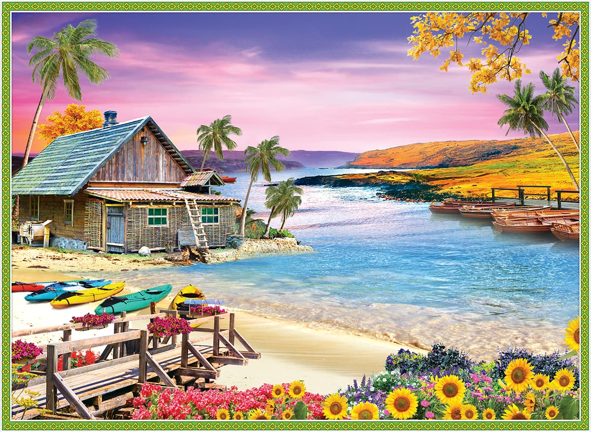 Living Room House on Riverside With Boats and Flowers Wallpaper pattern detail