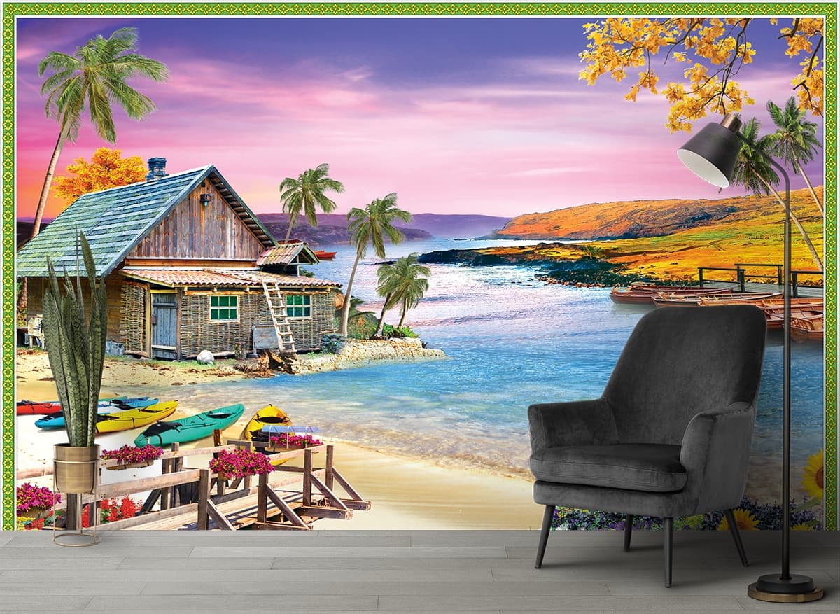 Living Room House on Riverside With Boats and Flowers Wallpaper shown in a room