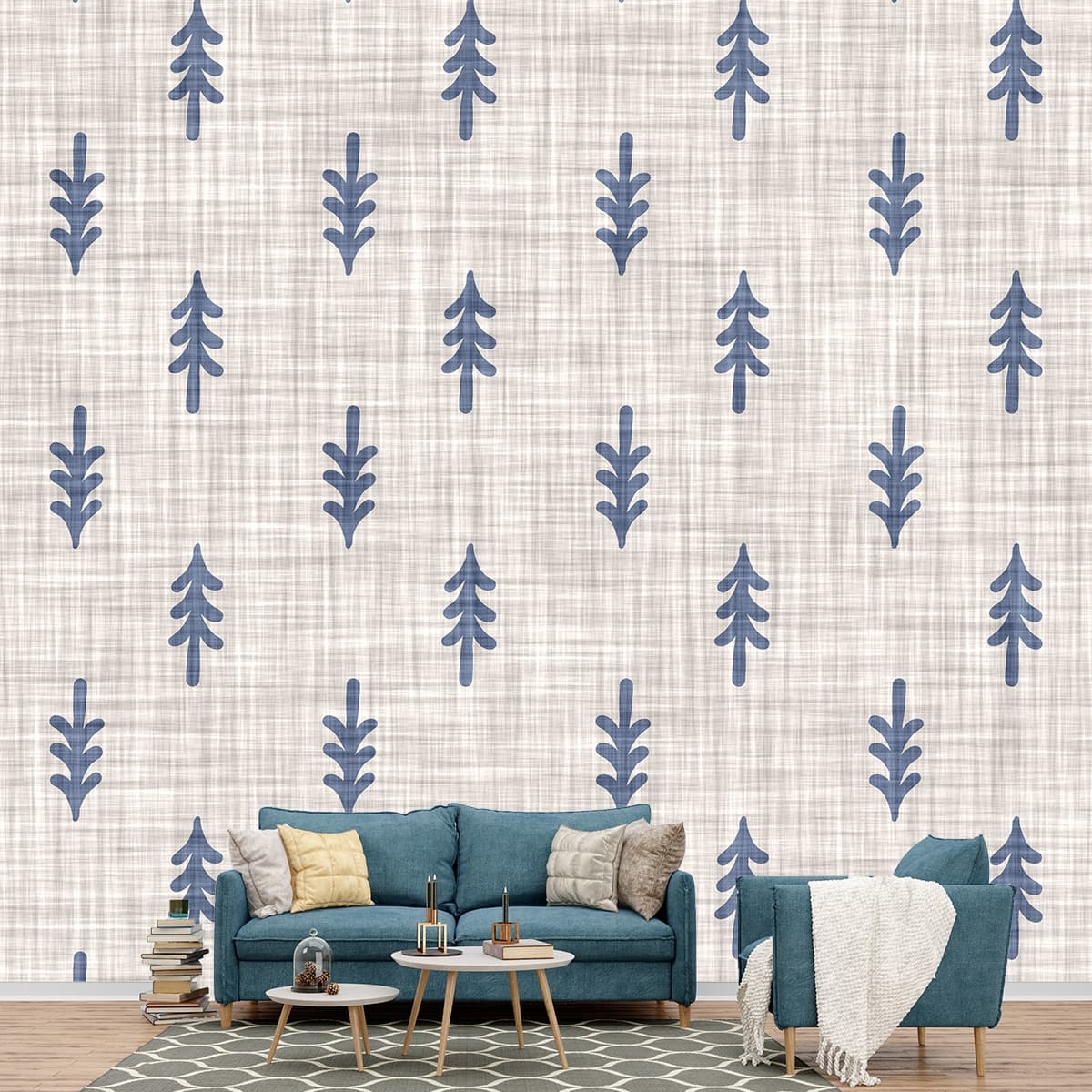 Blue Leaves Fabric Pattern Botanical Design wallpaper shown in a room