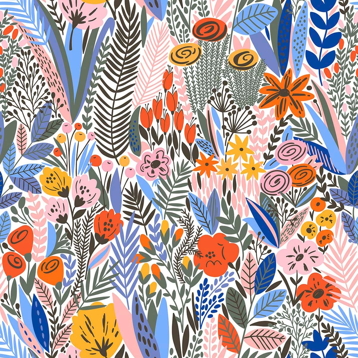 A colorful floral pattern with different flowers pattern detail