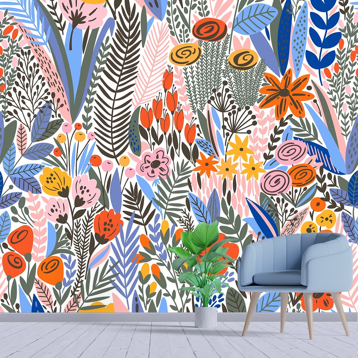 A colorful floral pattern with different flowers shown in a room