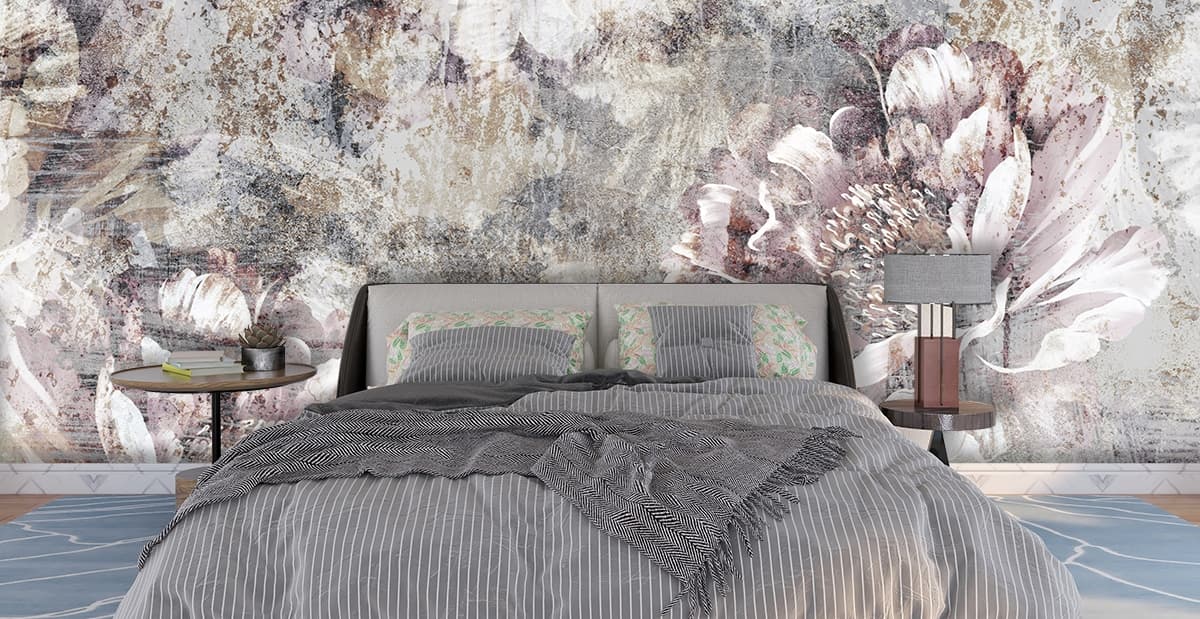 An Aesthetic Wallpaper of Flowers in Shades of Gray shown in a room
