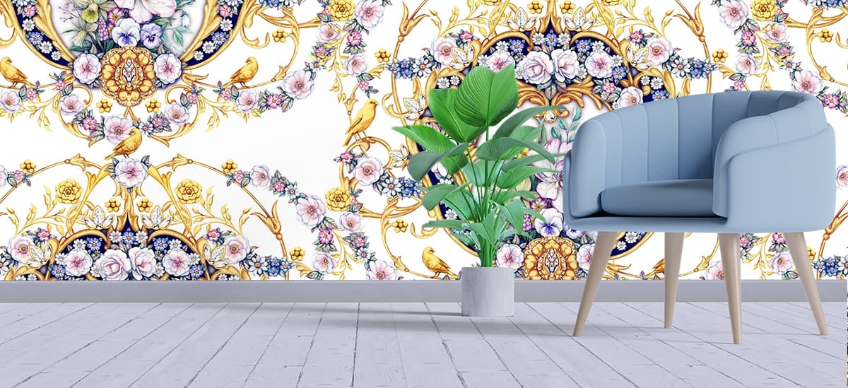 A floral design with birds shown in a room