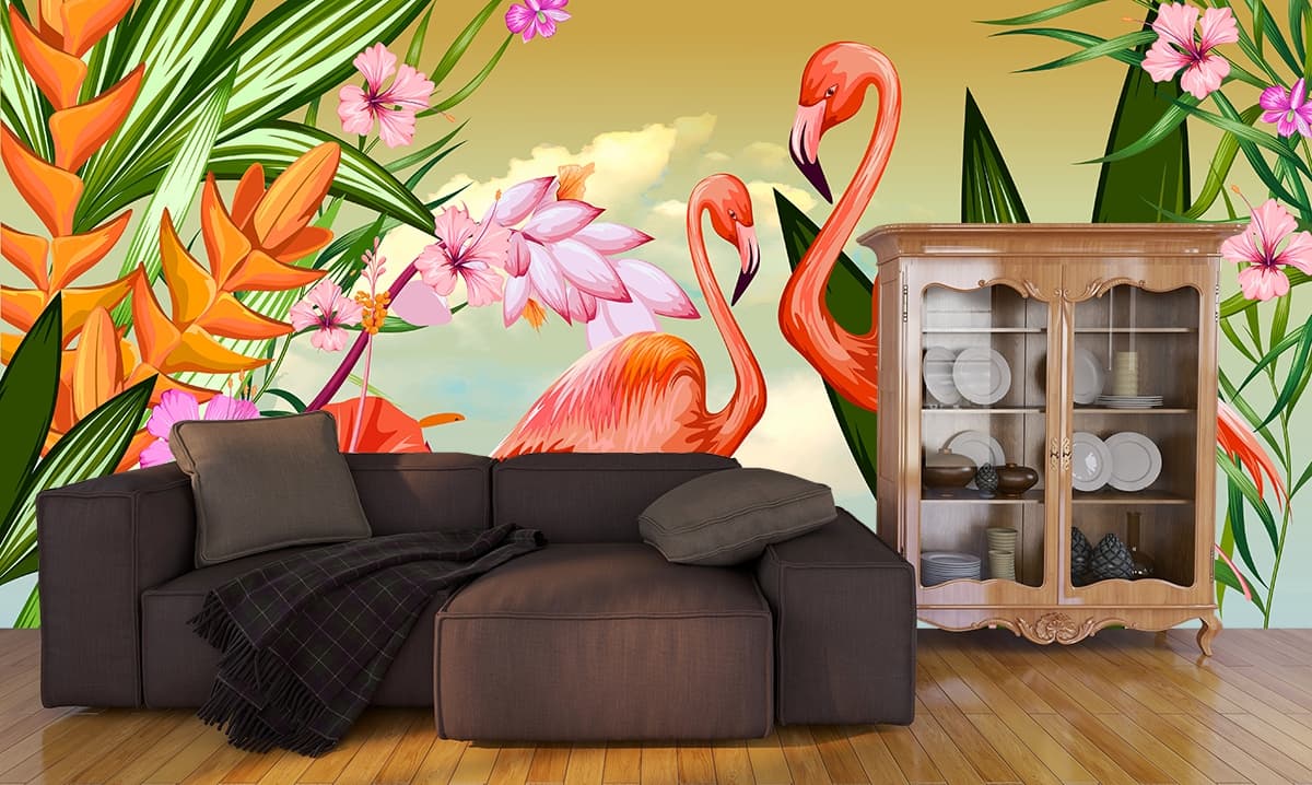 Flamingos and Flowers Garden Wall Mural Wallpaper shown in a room